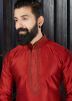 Readymade Red Art Silk Kurta Churidar Set With Stole