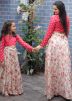 Red Readymade Art Silk Skirt Set For Mother & Daughter