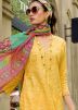 Yellow Lace Work Pant Suit Set In Cotton