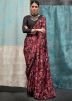 Red & Black Floral Print Crape Saree