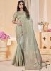 Green Embroidered Saree In Linen