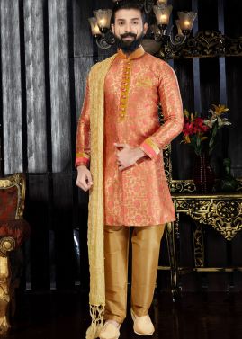 Readymade Golden Jacquard Sherwani with Stole