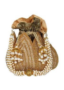 Stone Embellished Golden Art Silk Polti Bag