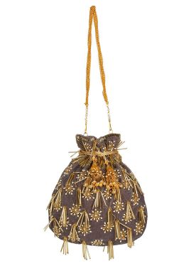 Pearl Embellished Grey Fringed Potli Bag