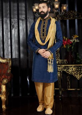 Readymade Navy Blue Art Silk Kurta Pyjama with Stole