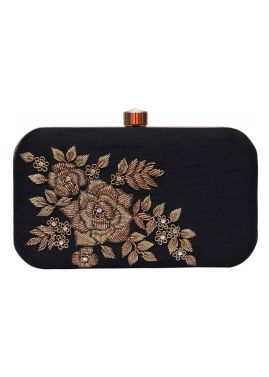 Floral Embroidered Black Frame Box Clutch