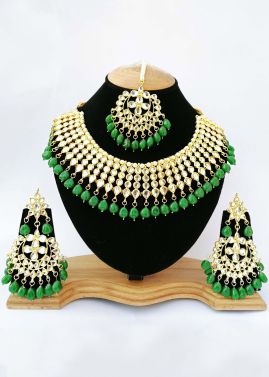 Indian Jewelry in USA- Pearl Green Stone Studded Kundan Indian Necklace For Women