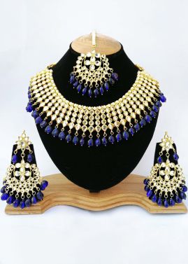 Pearl Blue Stone Studded Kundan Necklace Set