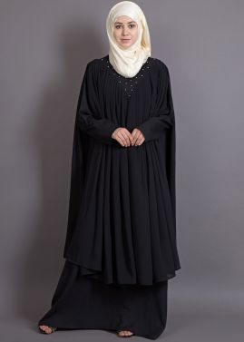 Black Readymade Twin Layered Flared Abaya