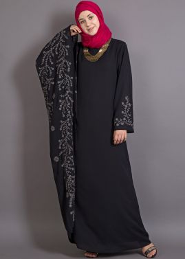 Readymade Black Embroidered Butterfly Sleeve Abaya