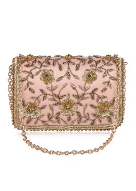 Pink Satin Bag With Floral Sequins Embroidery