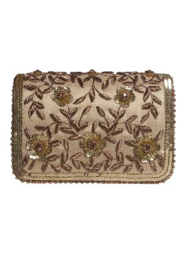 Floral Sequins Embroidered Beige Bag In Satin