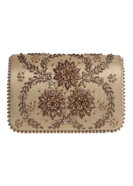 Zari Embroidered Front Flap Bag In Beige