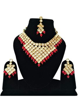 Golden Red Pearl And Kundan Necklace Set