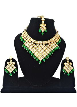 Golden Green Stone Studded Kundan Necklace Set