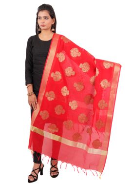 Art Silk  Woven Dupatta In Red