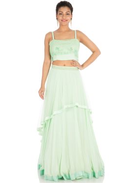 Pastel Green Hand Embroidered Crop Top With Skirt