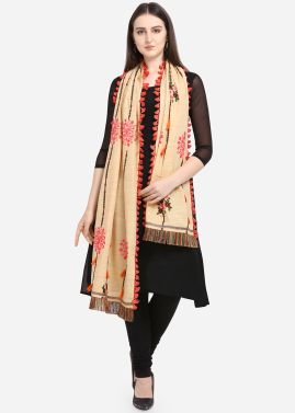 Thread Embroidered Beige Dupatta In Cotton