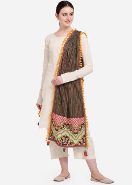 Brown Cotton Embroidered Casual Dupatta