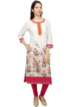 Off White Cotton Readymade Long Kurta