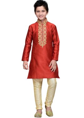 Readymade Red Art Silk Kids Kurta Pajama