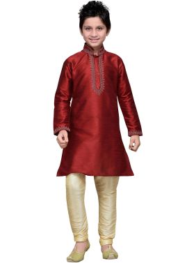 Readymade Maroon Art Silk Kids Kurta Pajama