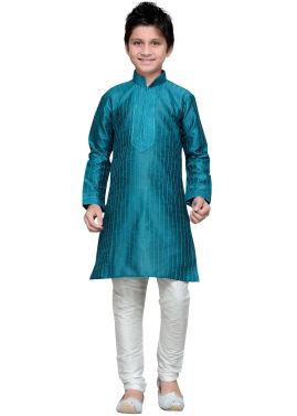 Readymade Teal Blue Art Silk Kids Kurta Pajama