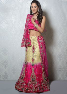 Pink Cream Shaded Net Lehenga Choli With Dupatta