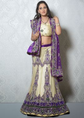 Cream Net Lehenga Choli With Dupatta