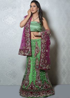 Green Net Lehenga Choli With Dupatta