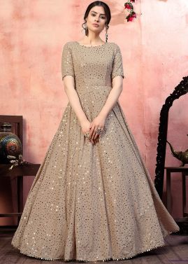 Beige Georgette Gown In Foil Mirror Work