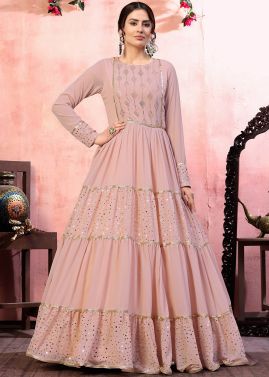 Pink Georgette Embroidered Tiered Style Gown 