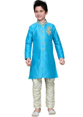 Readymade Turquoise Art Silk Kids Kurta Pajama