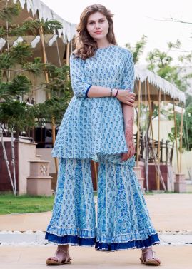 Blue Readymade Block Print Sharara Kurti Set