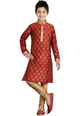 Readymade Red Art Silk Kids Kurta Pajama