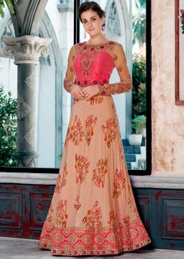 Pink Floral Digital Print Silk Readymade Gown