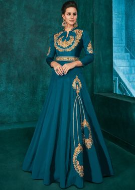 Blue Embroidered Readymade Gown