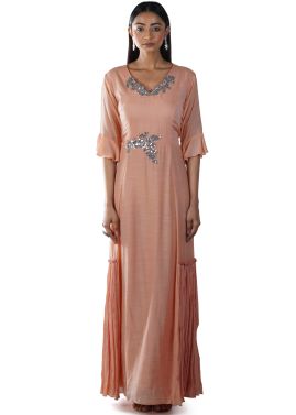 Peach Embroidered Bell Sleeves Readymade Gown