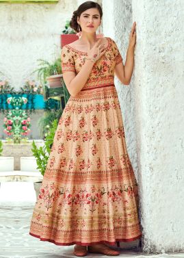 Beige Readymade Digital Floral Print Indowestern Gown