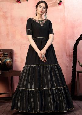 Black Art Silk Tiered Style Embroidered Gown