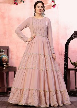 Pink Georgette Tiered Style Sequins Embellished Gown