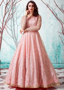 Designer Pink Foil Printed Net Readymade Indo Western Gown UK USA