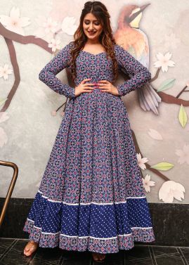 Blue Readymade Flared Gown With Digital Print