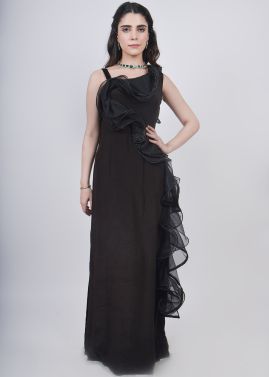 Readymade Black Ruffled Gown In Stain