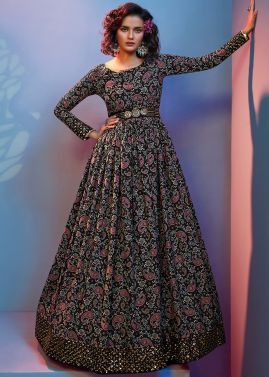 Readymade Black Party Wear Gown With Paisley Print