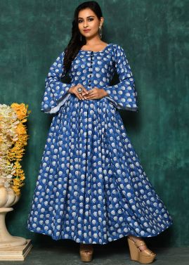 Blue Printed Readymade Bell Sleeved Gown