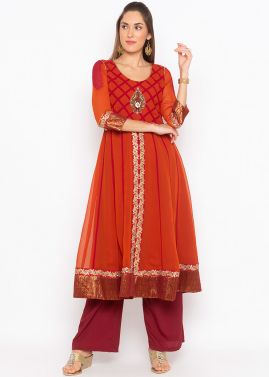 Orange and Maroon Twin Layered Flared Kurta Pant Set