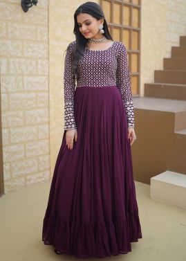 Purple Zari Embroidered Gown In Georgette