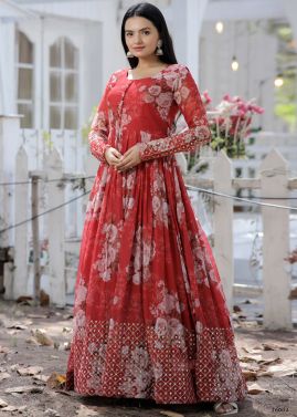 Red Embroidered Georgette Gown