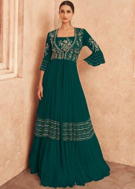 Teal Green Embroidered Chiffon Gown